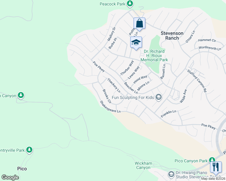 map of restaurants, bars, coffee shops, grocery stores, and more near 25511 Durant Place in Stevenson Ranch