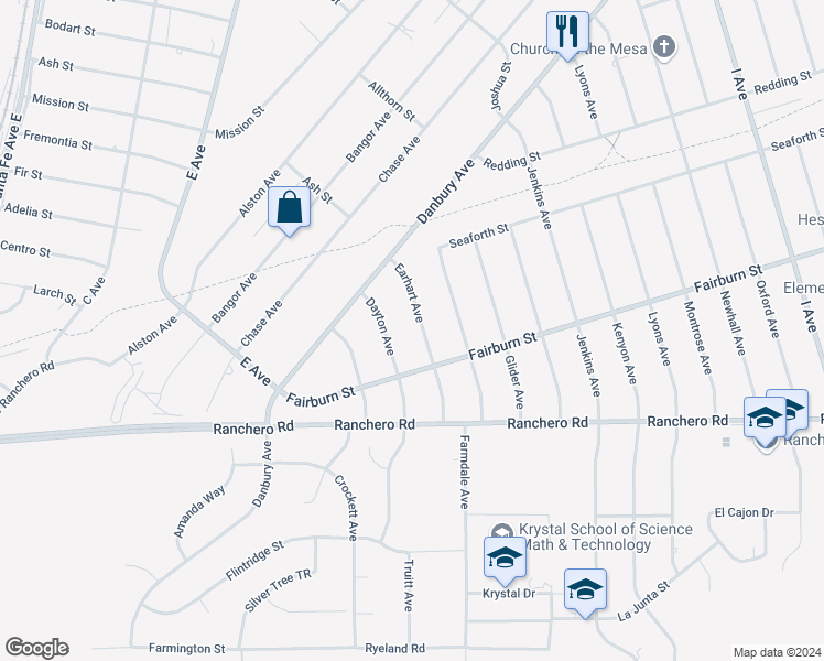 map of restaurants, bars, coffee shops, grocery stores, and more near 7472 Earhart Avenue in Hesperia