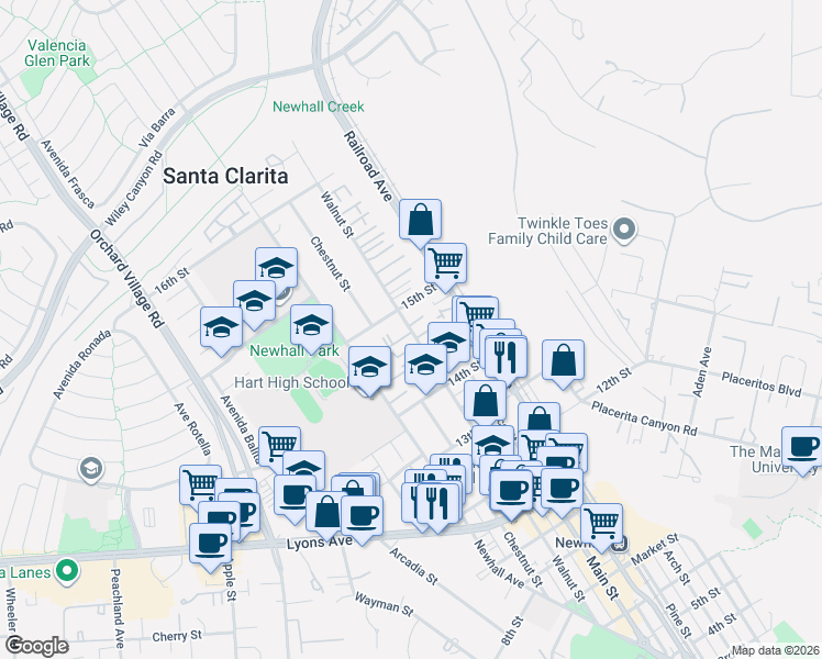 map of restaurants, bars, coffee shops, grocery stores, and more near 24877 Walnut Street in Santa Clarita