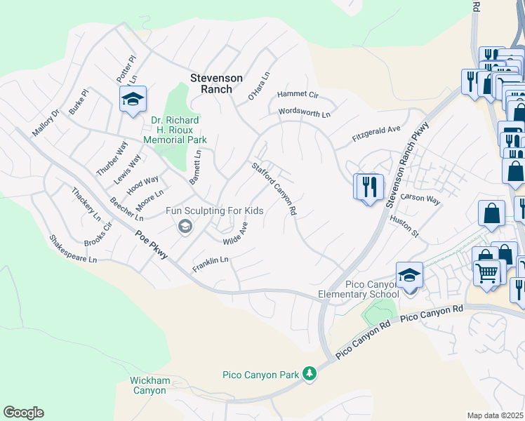 map of restaurants, bars, coffee shops, grocery stores, and more near 25633 Frost Lane in Stevenson Ranch