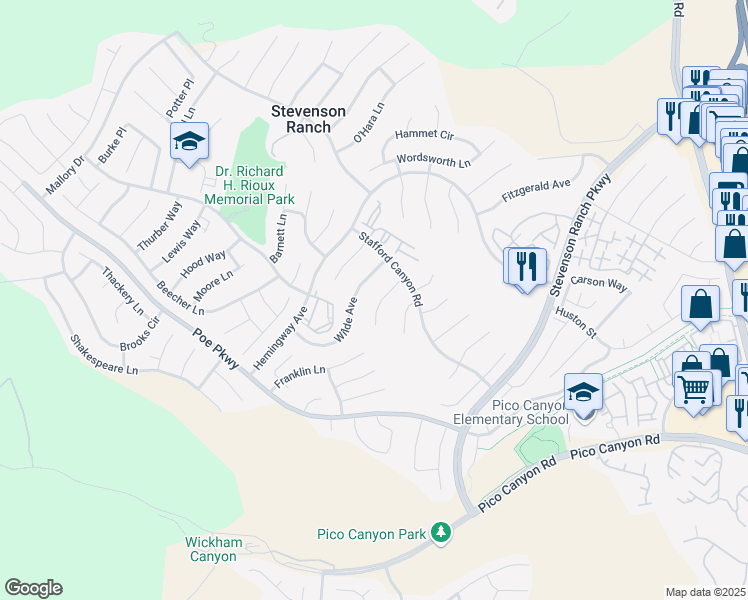 map of restaurants, bars, coffee shops, grocery stores, and more near 25633 Frost Lane in Stevenson Ranch