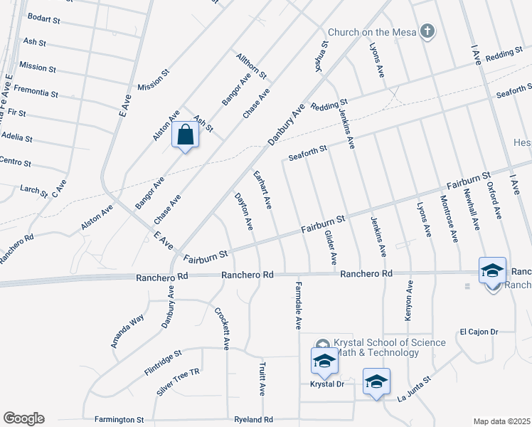 map of restaurants, bars, coffee shops, grocery stores, and more near 7472 Earhart Avenue in Hesperia