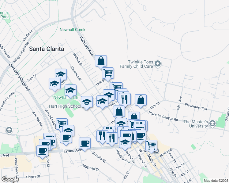 map of restaurants, bars, coffee shops, grocery stores, and more near 24811 Railroad Avenue in Santa Clarita