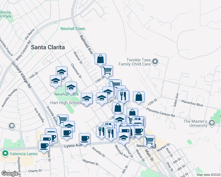 map of restaurants, bars, coffee shops, grocery stores, and more near 24833 Railroad Avenue in Santa Clarita