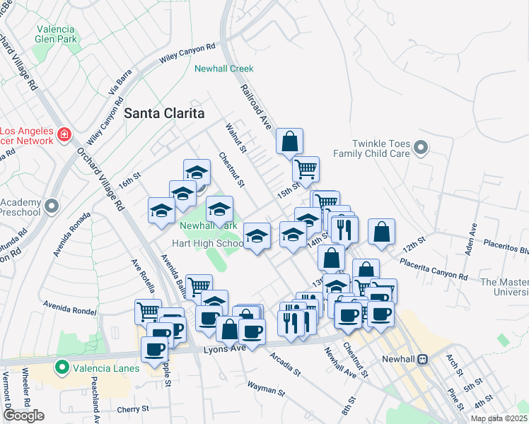 map of restaurants, bars, coffee shops, grocery stores, and more near 24857 Walnut Street in Santa Clarita