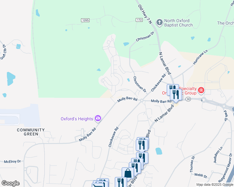 map of restaurants, bars, coffee shops, grocery stores, and more near 1707-1899 Molly Barr Rd in Oxford