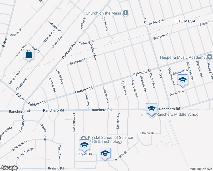 map of restaurants, bars, coffee shops, grocery stores, and more near 17323 Fairburn Street in Hesperia