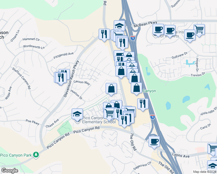 map of restaurants, bars, coffee shops, grocery stores, and more near 25139 Huston Street in Stevenson Ranch