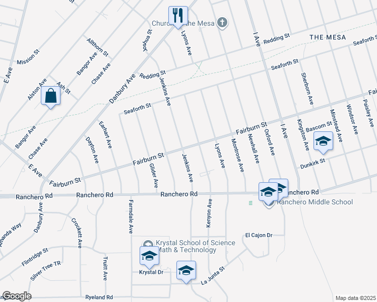 map of restaurants, bars, coffee shops, grocery stores, and more near 17323 Fairburn Street in Hesperia