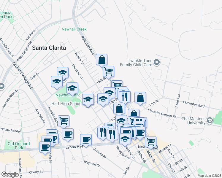 map of restaurants, bars, coffee shops, grocery stores, and more near 24833 Railroad Avenue in Santa Clarita
