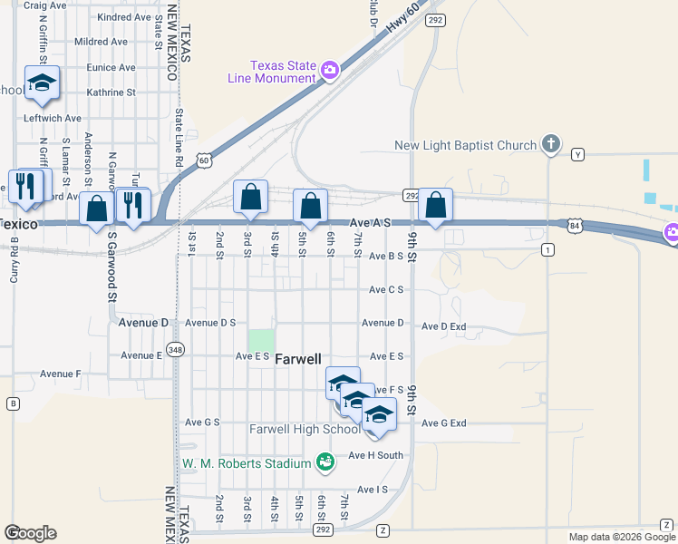 map of restaurants, bars, coffee shops, grocery stores, and more near 100-198 6th Street in Farwell