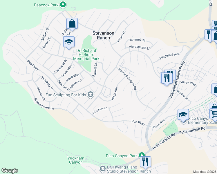 map of restaurants, bars, coffee shops, grocery stores, and more near 25607 Shaw Place in Stevenson Ranch