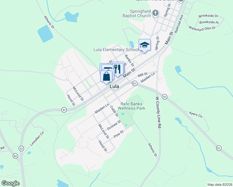 map of restaurants, bars, coffee shops, grocery stores, and more near 5954 Athens Street in Lula