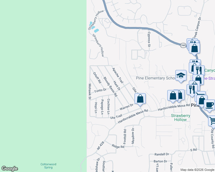 map of restaurants, bars, coffee shops, grocery stores, and more near 3897 Bloody Basin Road in Pine