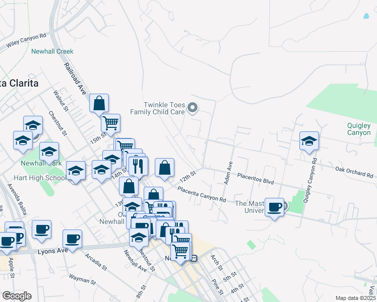 map of restaurants, bars, coffee shops, grocery stores, and more near 24803 Alderbrook Drive in Santa Clarita