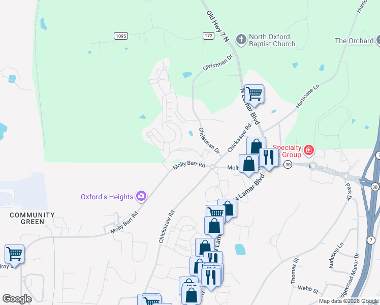 map of restaurants, bars, coffee shops, grocery stores, and more near 206 Town Center Drive in Oxford