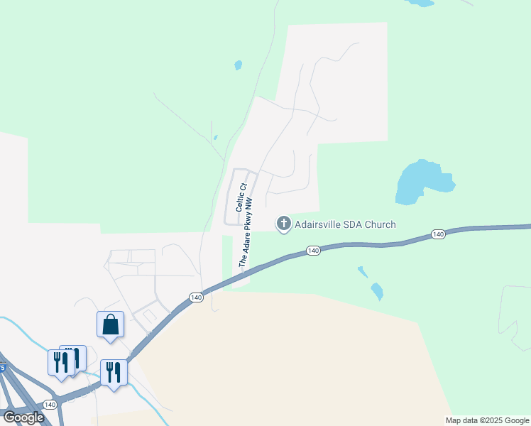 map of restaurants, bars, coffee shops, grocery stores, and more near 30 Blarneystone Way in Adairsville