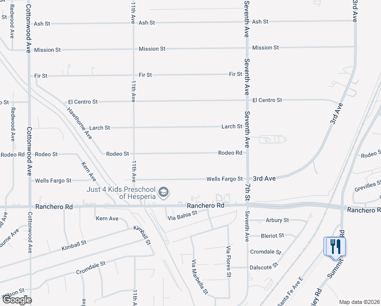 map of restaurants, bars, coffee shops, grocery stores, and more near 15274 Rodeo Street in Hesperia
