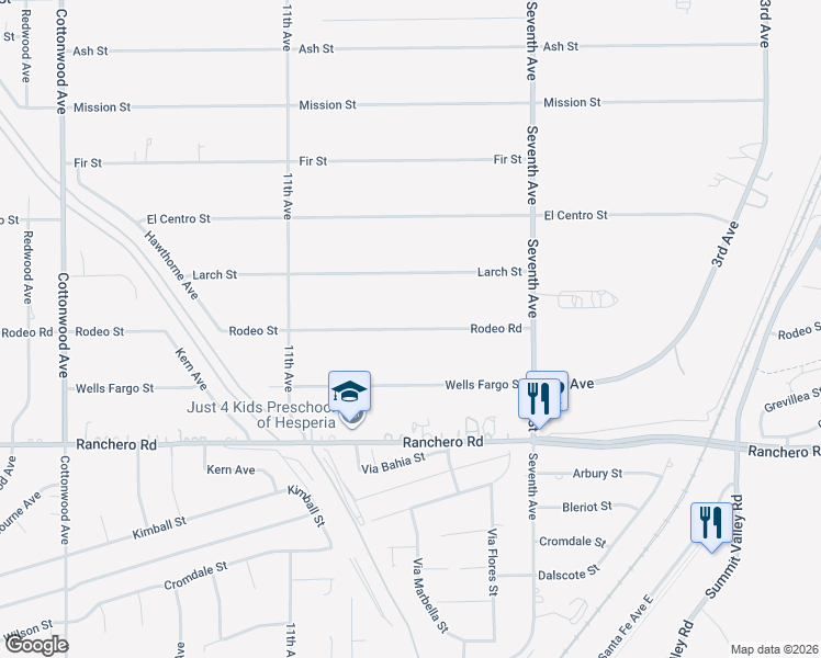 map of restaurants, bars, coffee shops, grocery stores, and more near 15534 Rodeo Street in Hesperia