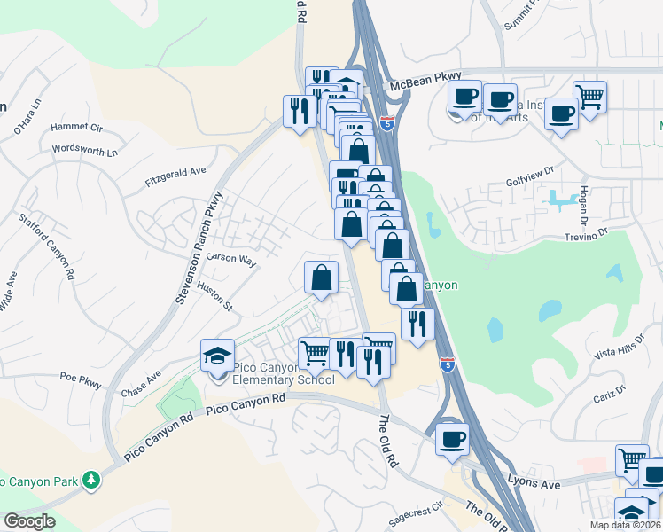map of restaurants, bars, coffee shops, grocery stores, and more near 25014 Oliver Way in Stevenson Ranch