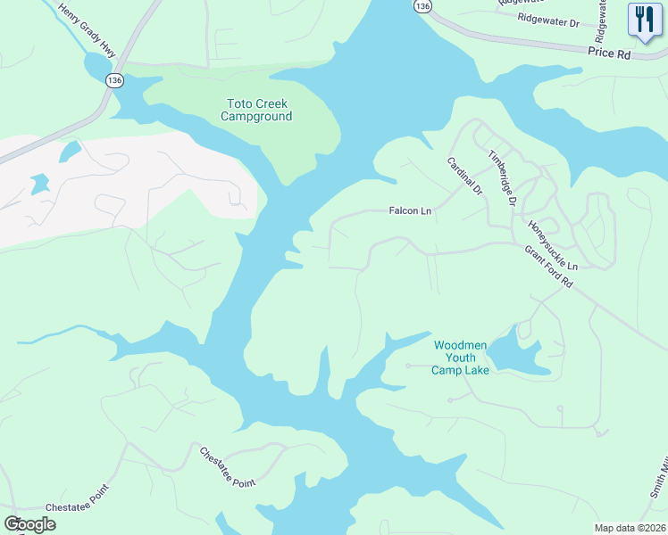 map of restaurants, bars, coffee shops, grocery stores, and more near 6244 Grant Ford Road in Gainesville