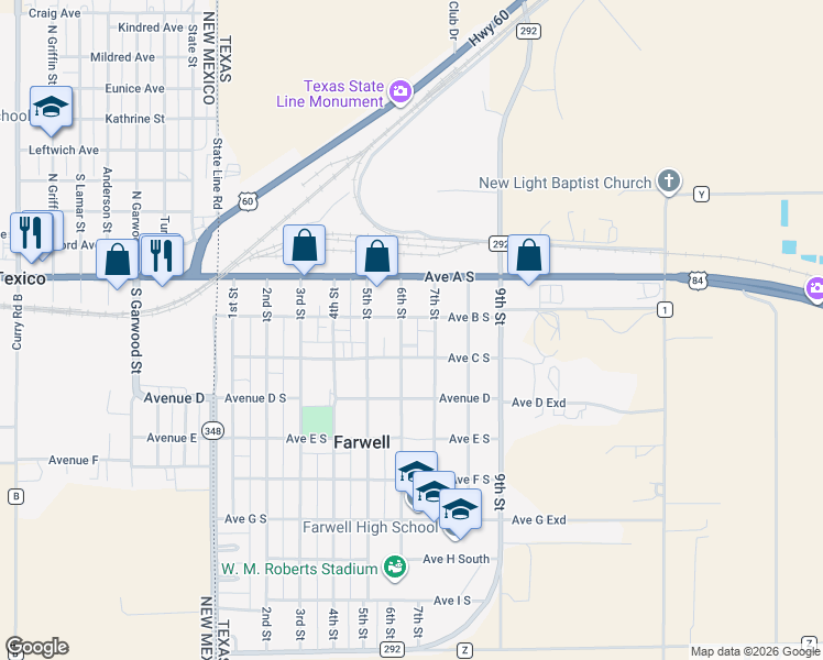 map of restaurants, bars, coffee shops, grocery stores, and more near 100-198 6th Street in Farwell