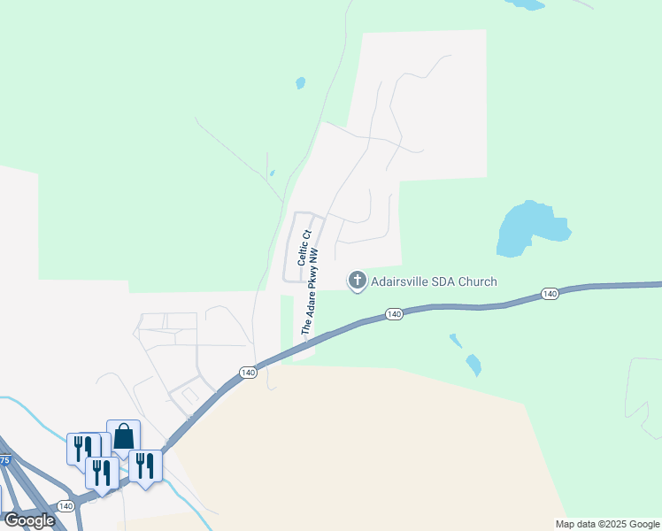 map of restaurants, bars, coffee shops, grocery stores, and more near 30 Blarneystone Way in Adairsville