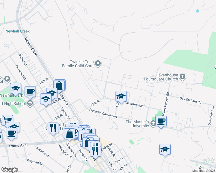 map of restaurants, bars, coffee shops, grocery stores, and more near 24732 Hacienda Lane in Santa Clarita
