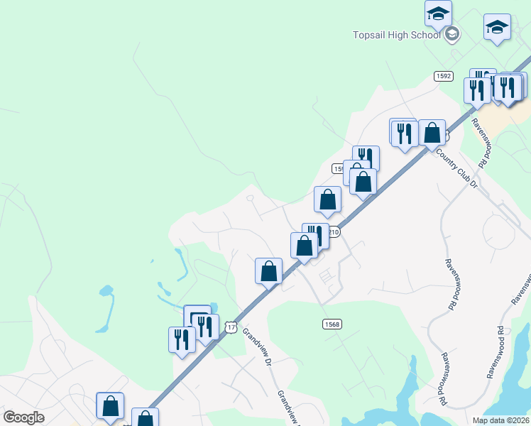 map of restaurants, bars, coffee shops, grocery stores, and more near State Road 1592 in Hampstead
