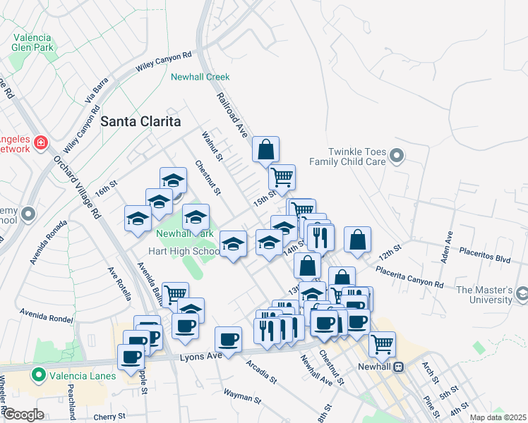 map of restaurants, bars, coffee shops, grocery stores, and more near 24885 Railroad Avenue in Santa Clarita