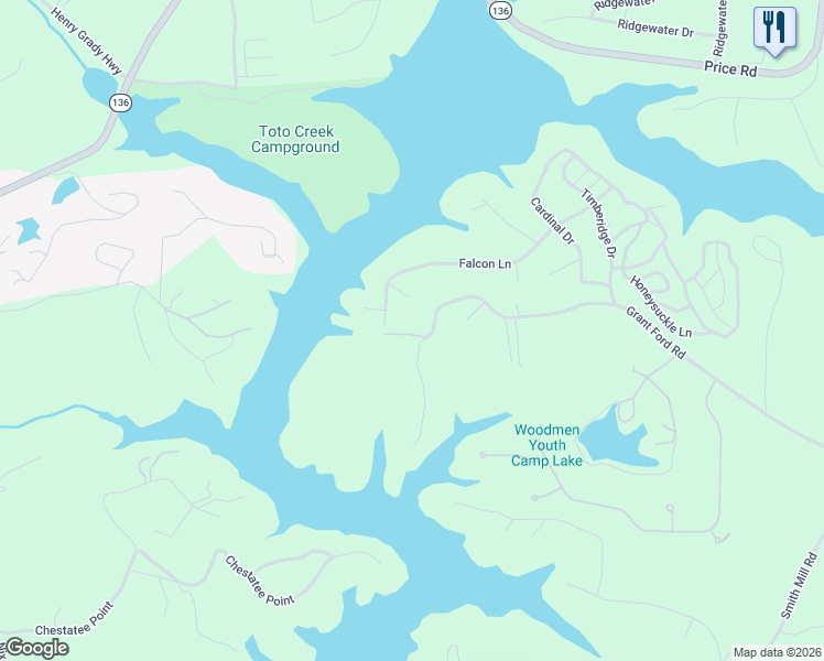 map of restaurants, bars, coffee shops, grocery stores, and more near 6244 Grant Ford Road in Gainesville