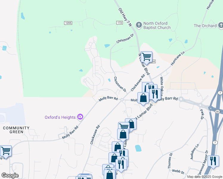 map of restaurants, bars, coffee shops, grocery stores, and more near 206 Town Center Drive in Oxford