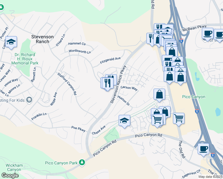 map of restaurants, bars, coffee shops, grocery stores, and more near 25802 Hemingway Avenue in Stevenson Ranch