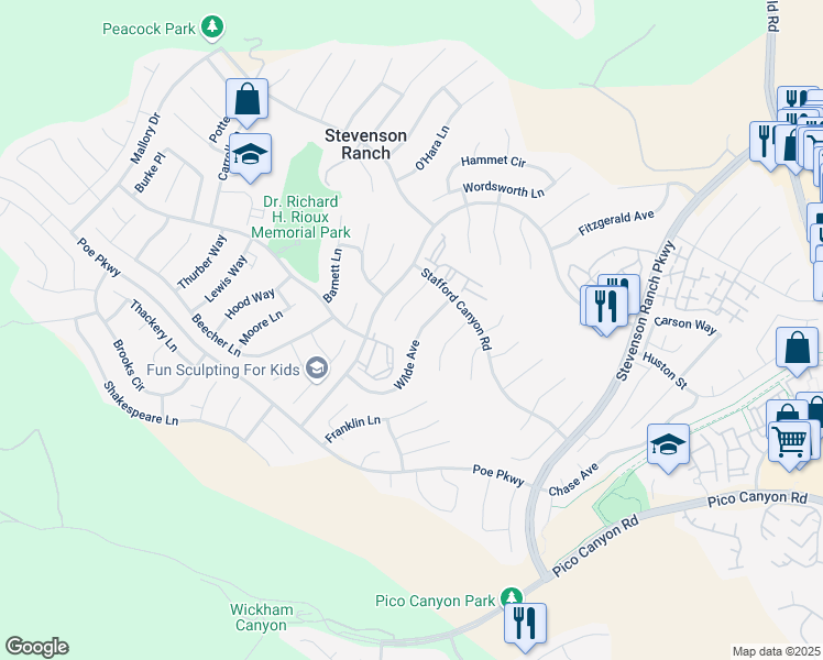 map of restaurants, bars, coffee shops, grocery stores, and more near 25703 Wilde Avenue in Stevenson Ranch