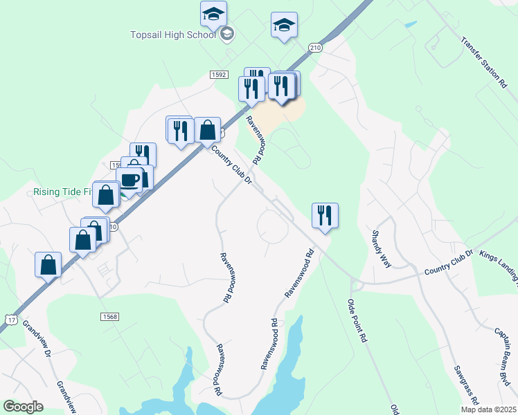 map of restaurants, bars, coffee shops, grocery stores, and more near 104 Golf Terrace Drive in Hampstead