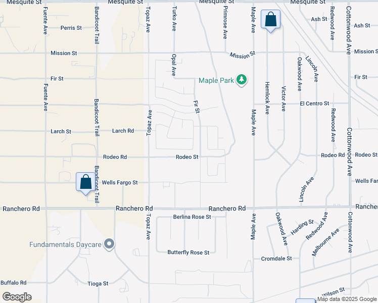 map of restaurants, bars, coffee shops, grocery stores, and more near Rollins Street in Hesperia