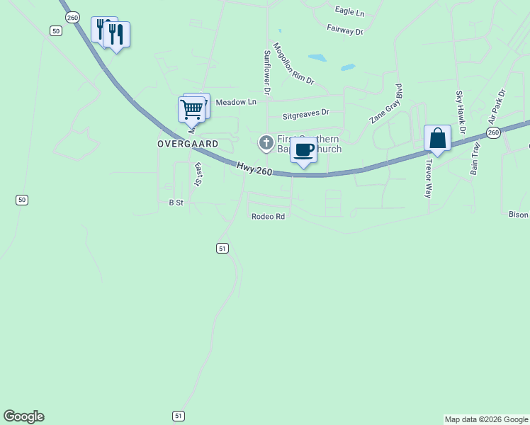map of restaurants, bars, coffee shops, grocery stores, and more near 2207 Wrangler Way in Navajo County