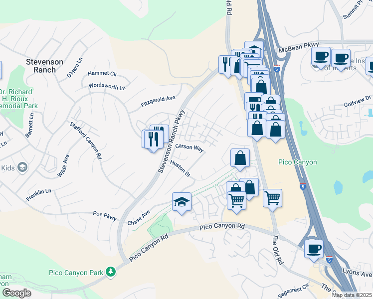 map of restaurants, bars, coffee shops, grocery stores, and more near 25235 Carson Way in Stevenson Ranch