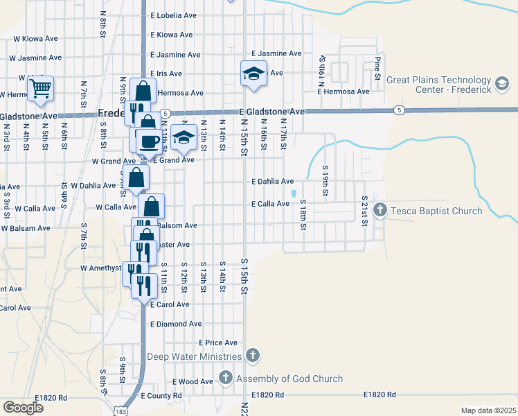 map of restaurants, bars, coffee shops, grocery stores, and more near 301 South 16th Street in Frederick
