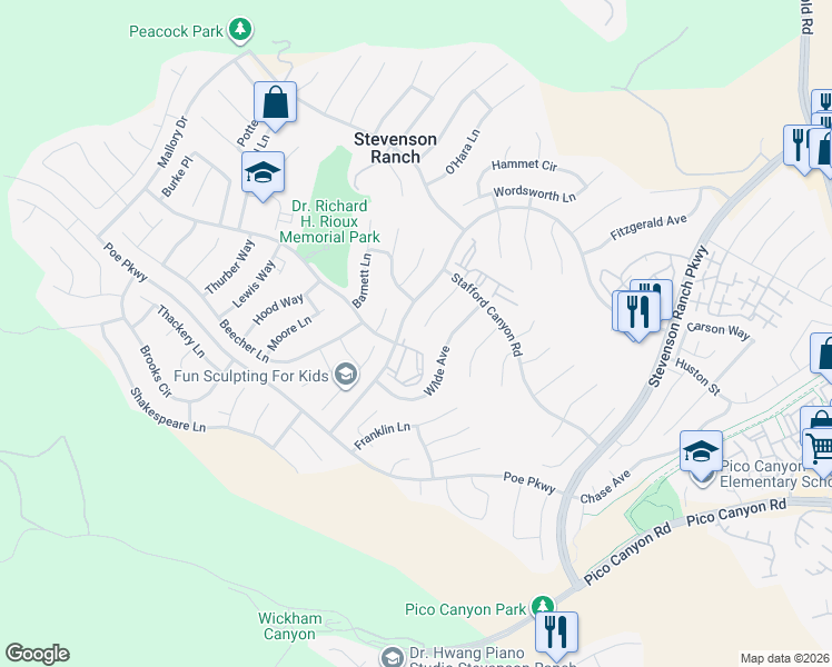 map of restaurants, bars, coffee shops, grocery stores, and more near 25607 Shaw Place in Stevenson Ranch