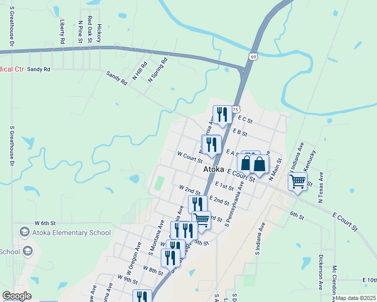 map of restaurants, bars, coffee shops, grocery stores, and more near 109 Montana Avenue in Atoka
