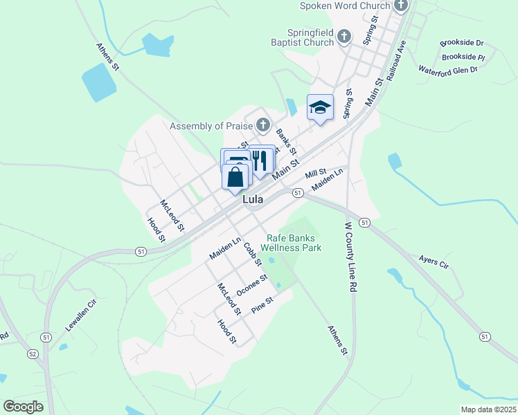 map of restaurants, bars, coffee shops, grocery stores, and more near 5954 Athens Street in Lula