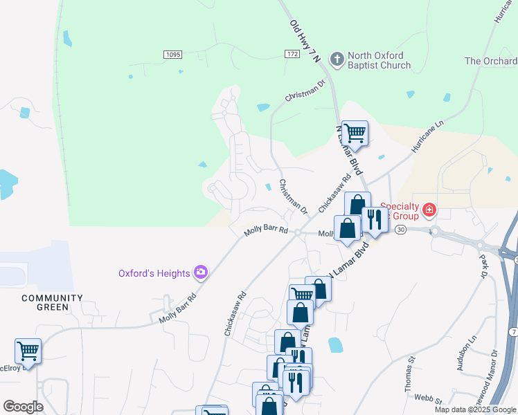 map of restaurants, bars, coffee shops, grocery stores, and more near 206 Town Center Drive in Oxford