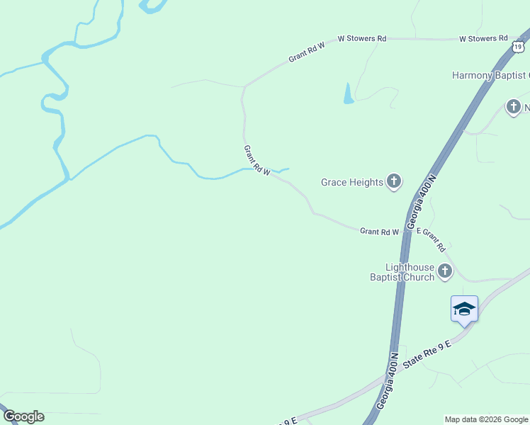 map of restaurants, bars, coffee shops, grocery stores, and more near 485 Grant Road West in Dawsonville