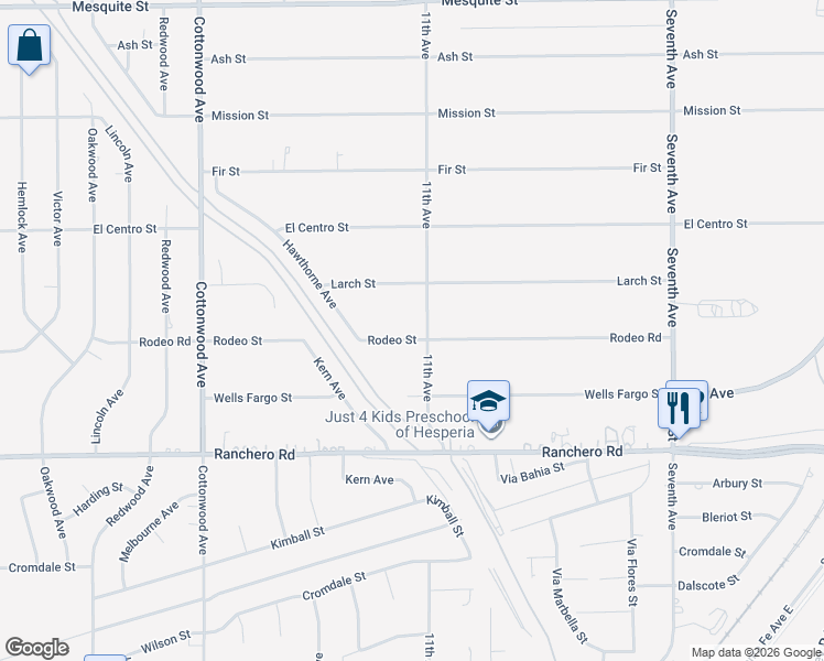 map of restaurants, bars, coffee shops, grocery stores, and more near 15274 Rodeo Street in Hesperia