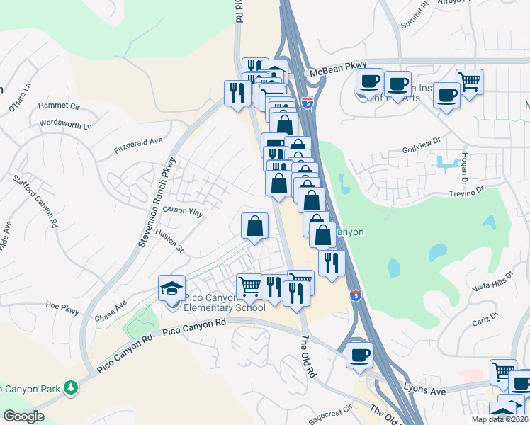 map of restaurants, bars, coffee shops, grocery stores, and more near 25014 Oliver Way in Stevenson Ranch
