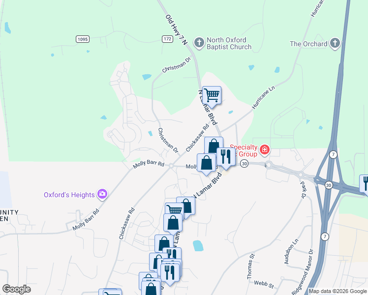 map of restaurants, bars, coffee shops, grocery stores, and more near 1501 Chickasaw Road in Oxford