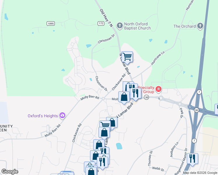 map of restaurants, bars, coffee shops, grocery stores, and more near 1501 Chickasaw Rd in Oxford