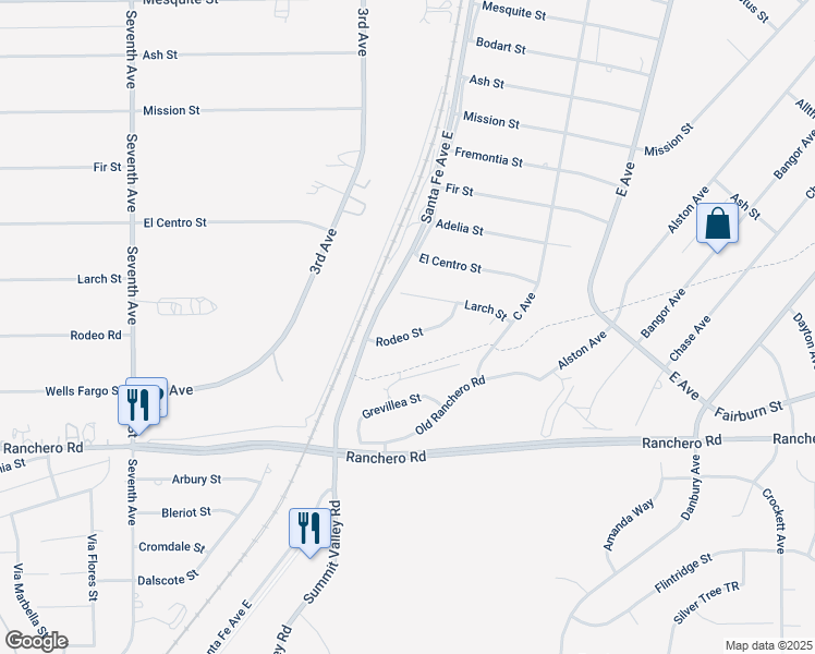 map of restaurants, bars, coffee shops, grocery stores, and more near 16230 Rodeo Street in Hesperia