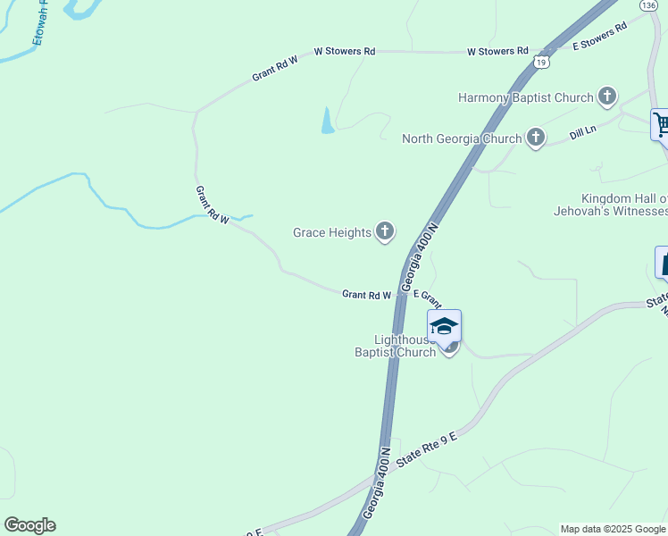 map of restaurants, bars, coffee shops, grocery stores, and more near 162 Grant Road West in Dawsonville
